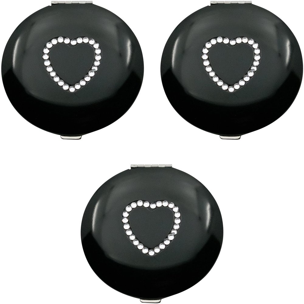 Stephanie Imports Set of 3 Slim Heart-Shaped Double Sided Magnifying Compact Mirrors (Black with Rhinestone Heart, Small)