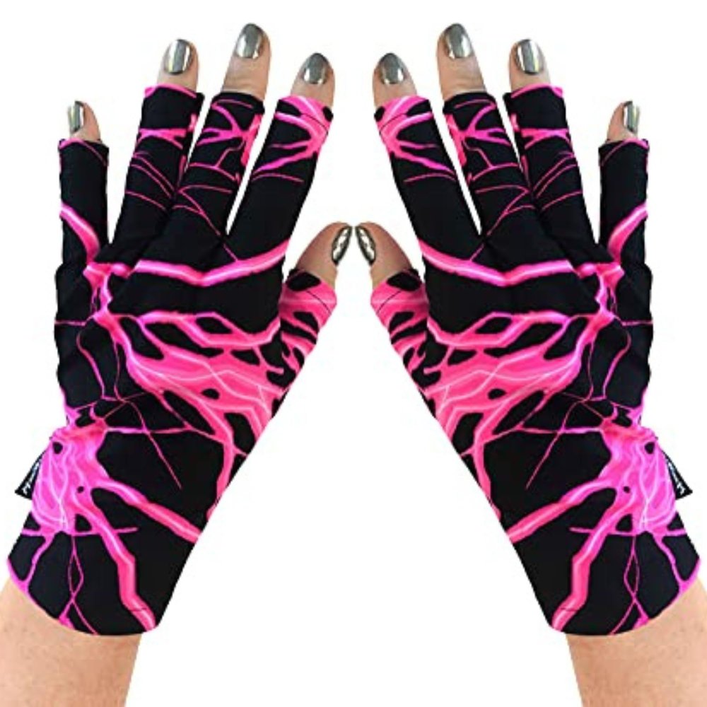 ManiGlovz - The Original UPF 50+ UV Light Protective Nail Gloves | Gel Manicure Gloves and Anti UV Fingerless Gloves for Women | Can be Used as Sun Protection Gloves for Driving |Pink Lightning Print