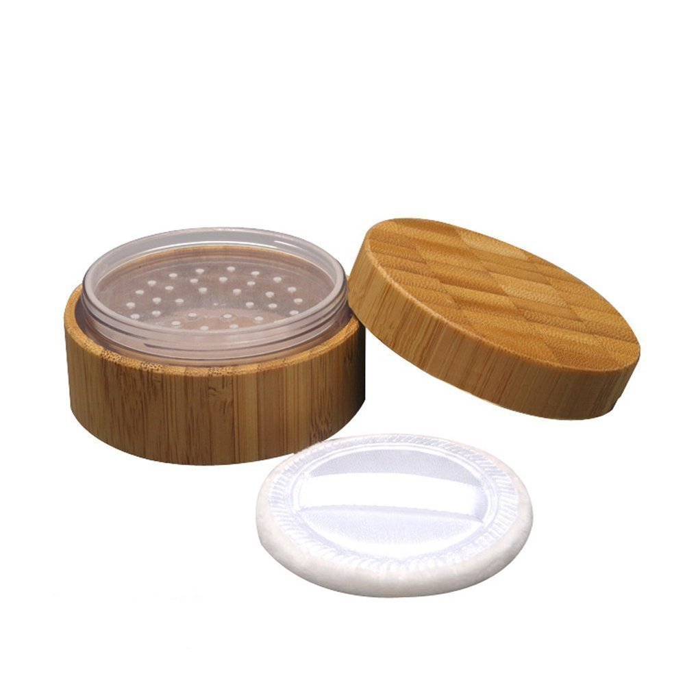 30ml 1oz Empty Loose Powder Case Bamboo Powder Container Cosmetic Make-up Loose Powder Box Case Holder Travel Containers with Sifter Lids and Powder Puff