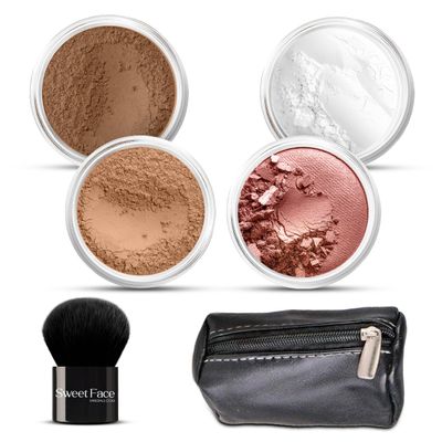 6pc FULL SIZE KIT (COCOA) KABUKI & KABAGGIE Tote Mineral Makeup Set Matte Foundation Bare Face Sheer Powder Cover