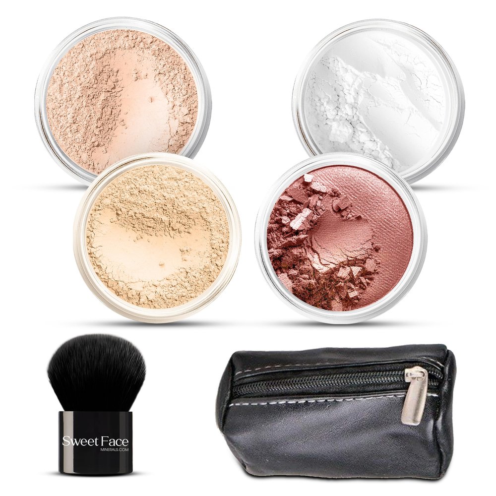6pc FULL SIZE KIT KABUKI & KABAGGIE Tote Mineral Makeup Set Matte Foundation Bare Face Sheer Powder Cover (Fair 1)