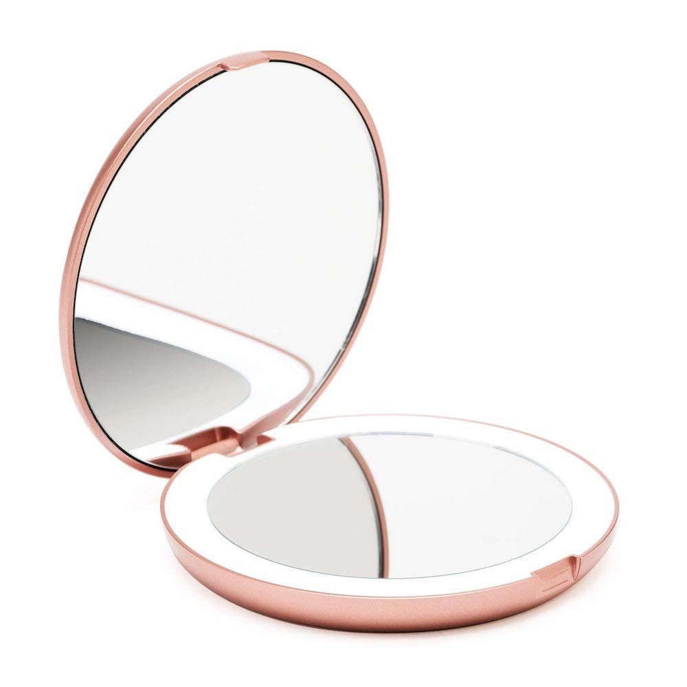 Fancii LED Lighted Travel Makeup Mirror, 1x/10x Magnification - Daylight LED, Compact, Portable, Large 5" Wide Illuminated Folding Mirror - Lumi (Rose Gold)
