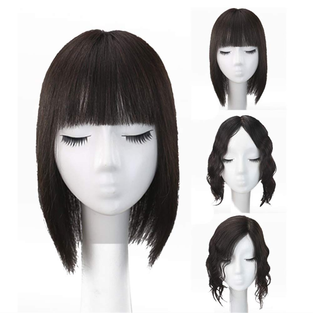 12" Thick Human Hair Forehead Topper for Women, Silk Base Parting Clip in Wiglet Hairpieces for Thinning Hair, Straight