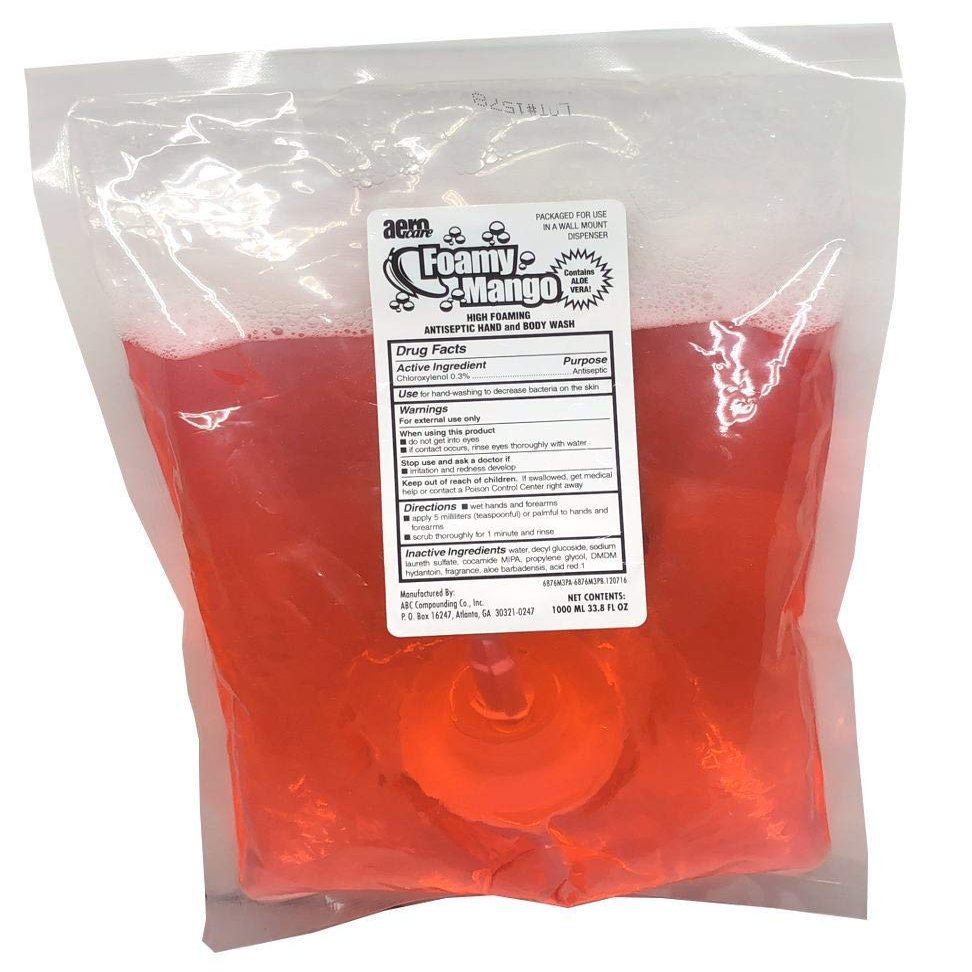AeroCare Antibacterial Hand and Body Wash 1000 mL Refill Bag for Wall-Mount Dispenser, Foamy Mango 6876M3PB, Box of 8