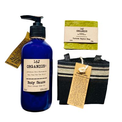 16J Organics Spa Set - Turkish Bath Hammam Inspired - Organic 100% Natural 8oz Body Sauce, Creamy Body Oil Moisturizer - Traditional Kese Scrub Mitt - Artisan Rustic Daphne (Aleppo/Laurel) Soap
