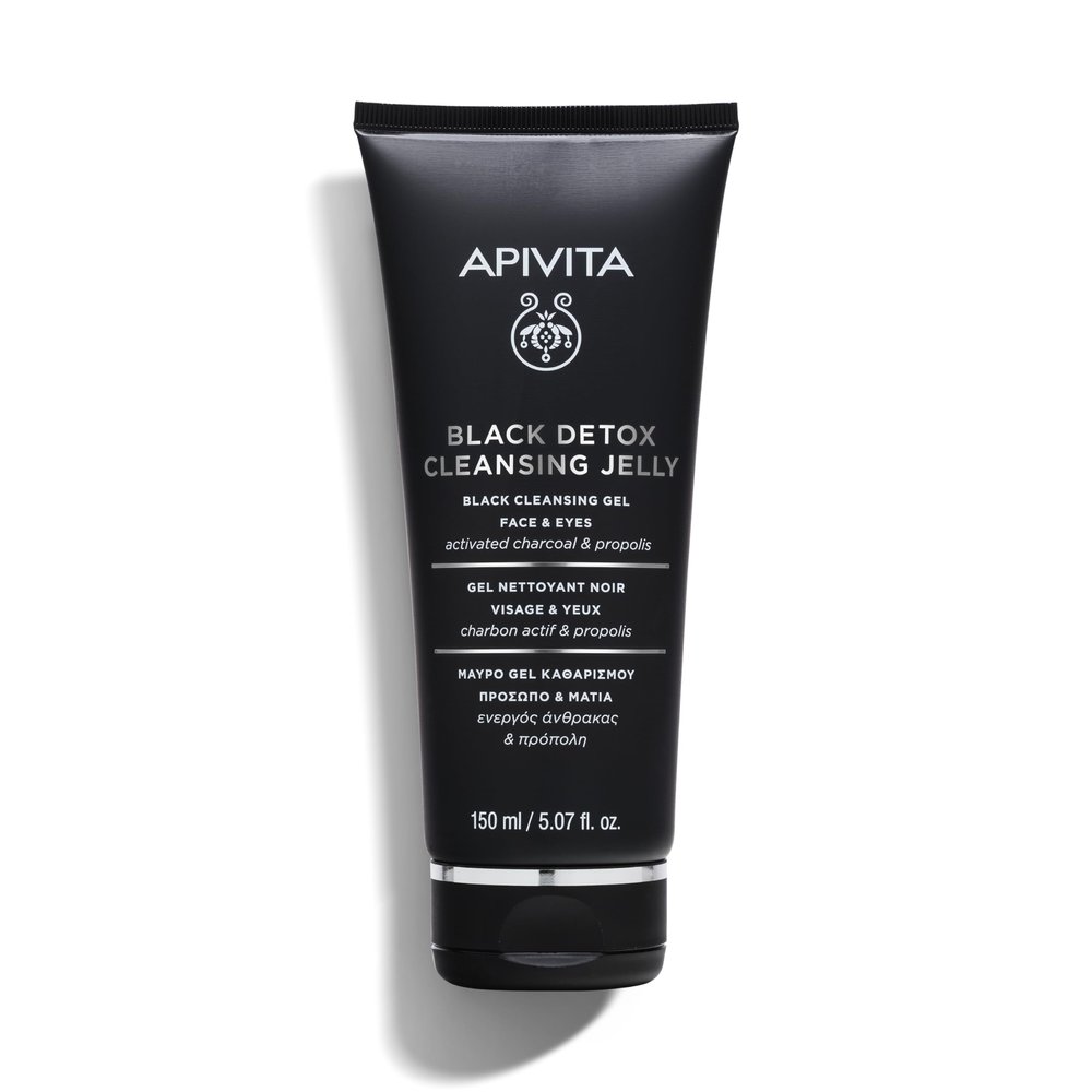 Apivita Black Detox Cleansing Jelly | Detoxifying Face & Eye Cleansing Gel with Activated Charcoal & Propolis, 150 mL / 5.07 oz