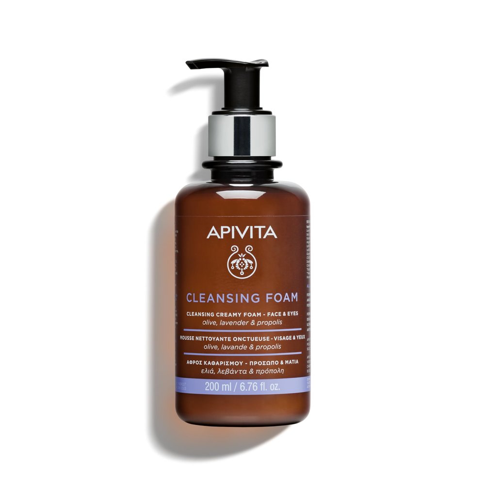 Apivita Cleansing Foam | Hydrating & Soothing Cleansing Creamy Foam for Face & Eyes with Olive, Lavender & Propolis, 200 mL / 6.67 oz