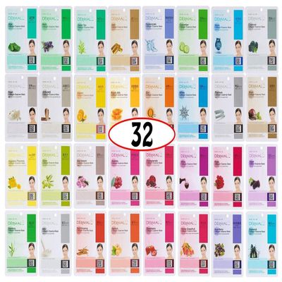 DERMAL Korean Collagen Face Mask 32 Combo Pack A+B Set Hydrating & Soothing Sheet Mask with Panthenol, Hypoallergenic Calming Moisture Care for All Skin Types