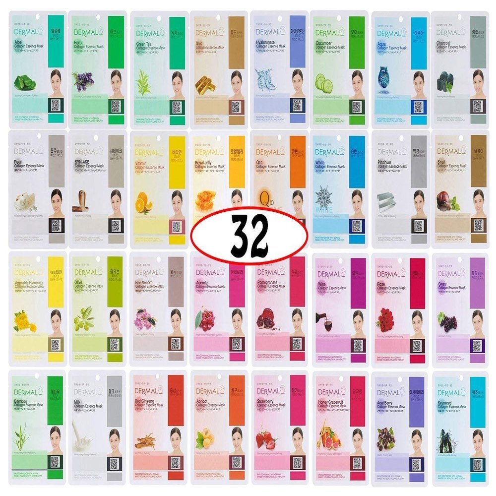 DERMAL Korean Collagen Face Mask 32 Combo Pack A+B Set  Hydrating & Soothing Sheet Mask with Panthenol, Hypoallergenic Calming Moisture Care for All Skin Types