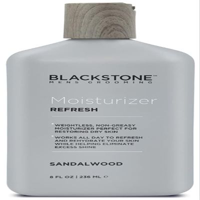 Blackstone Men's Grooming Refresh Facial Moisturizer with Vitamin E, Peppermint & Hyaluronic Acid - Lightweight & Non-Greasy | Restores Dry Skin | Paraben & Cruelty Free | USA Made, Sandalwood (8 oz)