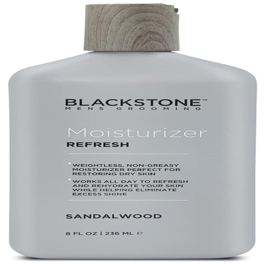 Blackstone Men's Grooming Refresh Facial Moisturizer with Vitamin E, Peppermint & Hyaluronic Acid - Lightweight & Non-Greasy | Restores Dry Skin | Paraben & Cruelty Free | USA Made, Sandalwood (8 oz)