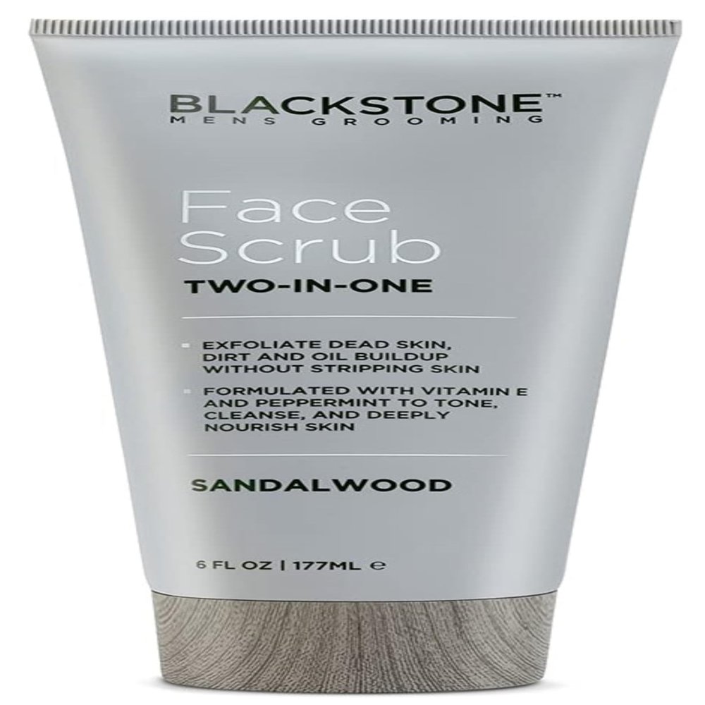 Blackstone Men's Grooming 2-in-1 Facial Scrub & Shave Gel with Vitamin E & Peppermint - Cleanse & Exfoliate | Hydrates Skin After Shaving | Paraben & Cruelty Free | USA Made, Sandalwood (6 oz)