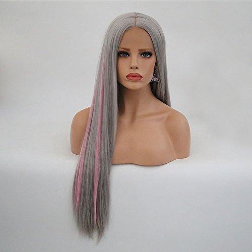 Magenta Pink Wigs for Women Long Straight Synthetic Hair Lace Front Wig Heat Resistant Fiber 26 inch (ST-022 Grey coloring Pink)