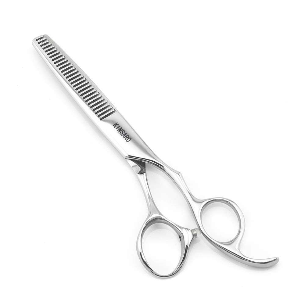 5.5" Hair Thinning Scissors Barber Scissors Professional Sharp Hairdresser Hair Thinning Shears 28 Teeth 440C Silvery Convex Edge Blade Blind Hole KINSARO for Hairdresser Barber or Home Use