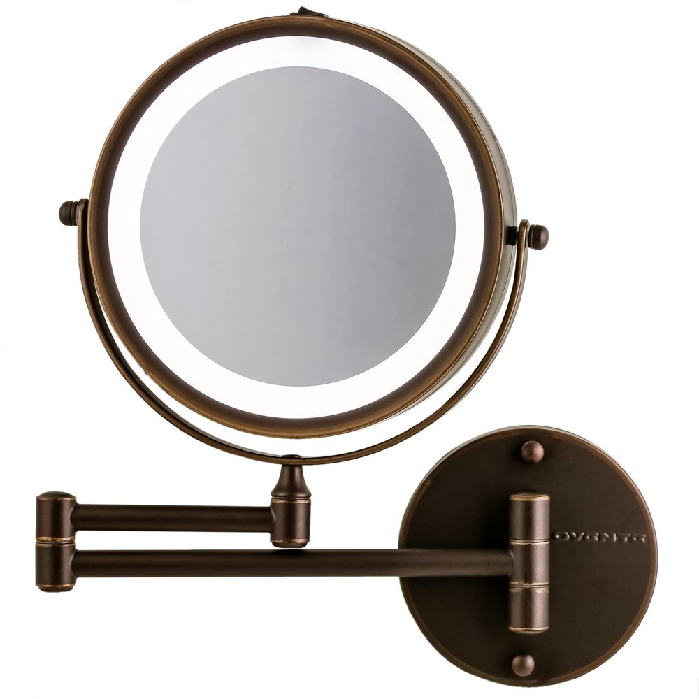 OVENTE Wall Mounted Lighted Makeup Mirror, 7" Double Sided 1X/7X Magnifying Vanity Mirror for Bathroom with LED Lights, Cordless, 360 Rotation and 13" Extendable Arm, Antique Bronze MFW70ABZ1X7X