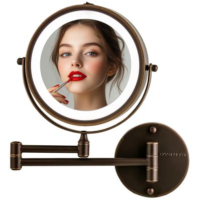 OVENTE Wall Mounted Lighted Makeup Mirror, 7" Double Sided 1X/10X Magnifying Vanity Mirror for Bathroom with LED Lights, Cordless, 360 Rotation and 13" Extendable Arm, Antique Bronze MFW70ABZ1X10X