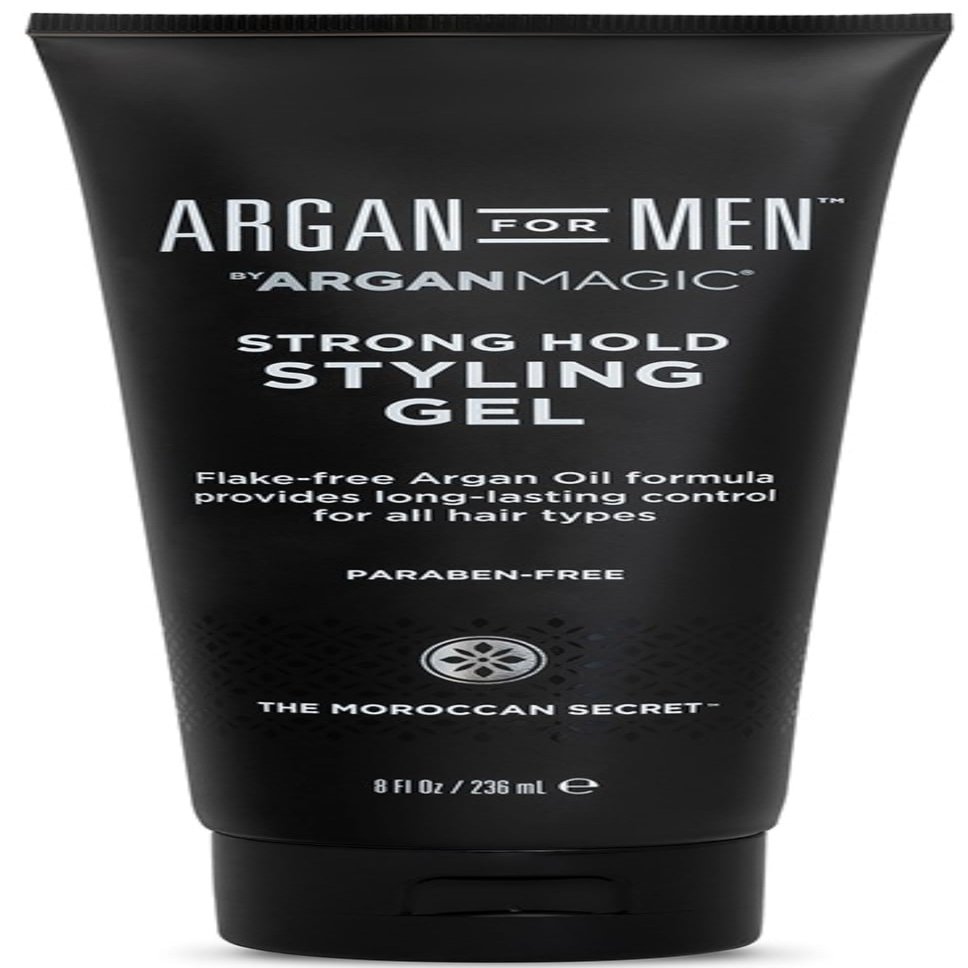 Argan Magic Strong Hold Styling Gel - Flake-Free Argan Oil Formula for Superior Hold and Long-lasting Control | Made in USA, Paraben Free, Cruelty Free (8 Fl Oz)