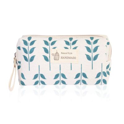 RIAH FASHION Portable Travel Clutch Cosmetic Makeup Pouch Bag - Toiletry Organizer Purse Wristlet Stripe, Floral, Plaid, Cork (Rectangle Pouch - Blue Leaf)