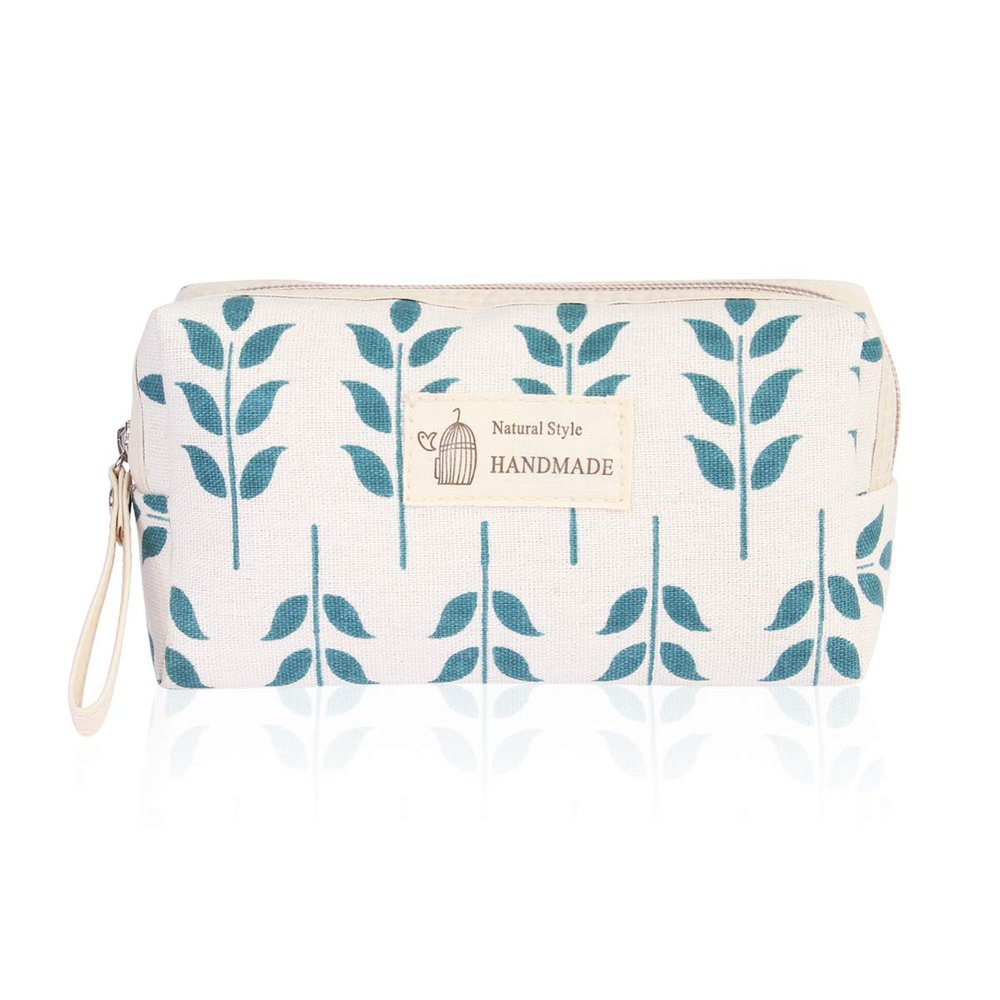 RIAH FASHION Portable Travel Clutch Cosmetic Makeup Pouch Bag - Toiletry Organizer Purse Wristlet Stripe, Floral, Plaid, Cork (Rectangle Pouch - Blue Leaf)