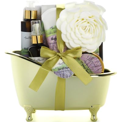 Aqua Elegante Spa Gift Basket - Luxury Bath Set with Body Wash, Bubble Bath, Lotion, Salts, Scrub, Spray, Shower Puff, Towel, Gifts for Women, Mom, Wife, Her - Lavender & Tea Tree Oil