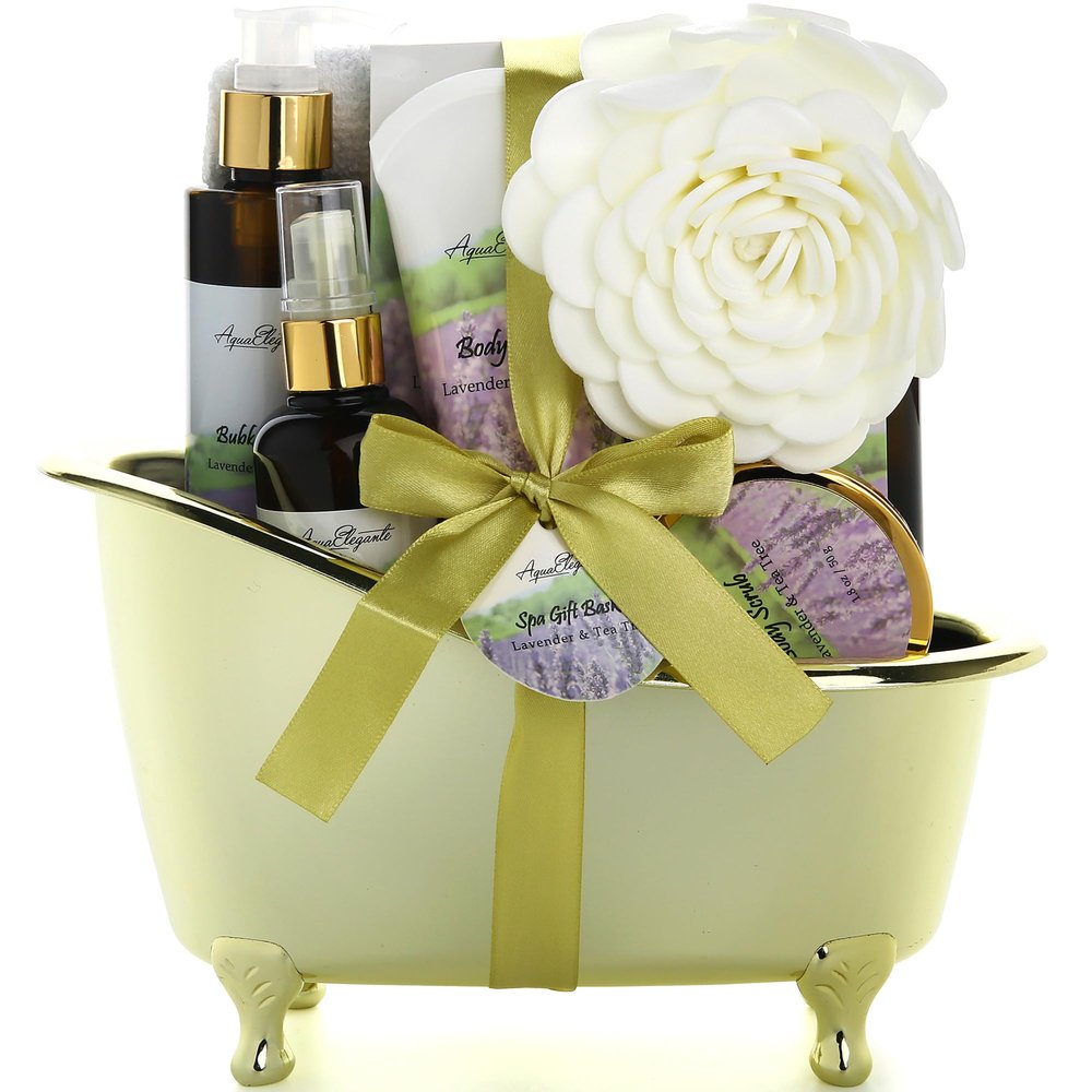 Aqua Elegante Spa Gift Basket - Luxury Bath Set with Body Wash, Bubble Bath, Lotion, Salts, Scrub, Spray, Shower Puff, Towel, Gifts for Women, Mom, Wife, Her - Lavender & Tea Tree Oil