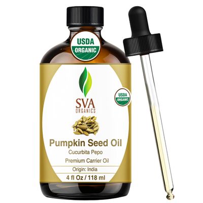 SVA Pumpkin Seed Oil Organic - 4 Fl Oz  100% Natural Cold Pressed Organic Pumpkin oil - for Face, Skin Care, Hair Care, Scalp Massage & Body Massage  Carrier Oil with Dropper