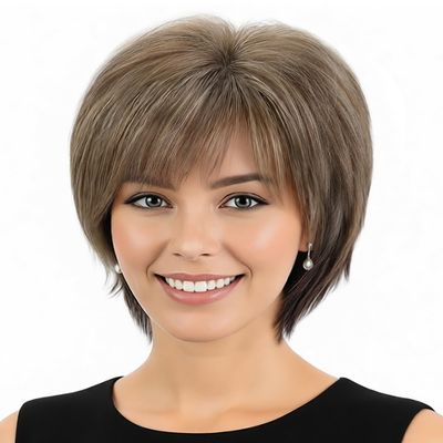 SEVENCOLORS Short Hair Wigs with Bangs Dark Brown Mixed Blonde Pixie Cut Wig for Women Straight Synthetic Fiber Wigs