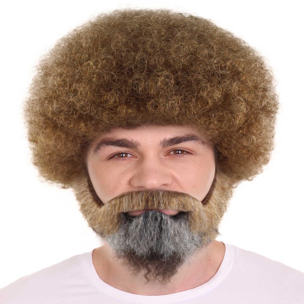 HalloweenPartyOnline Happy Painter Small Afro Wig with Full Beard and Moustache Set | Brown Celebrity Wigs HM-1048