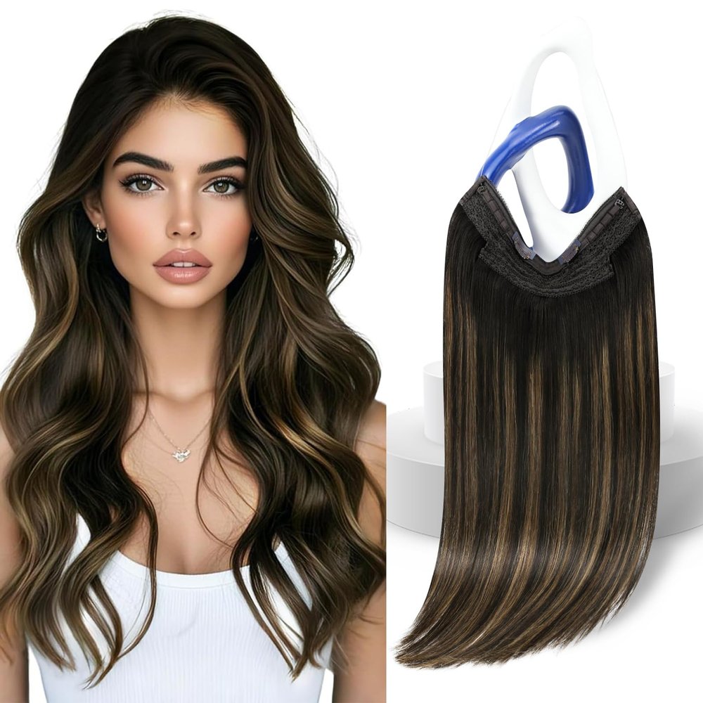 Sunny Hair Wire Hair Extensions Real Human Hair Fish Line Human Hair Extensions Invisible Wire Extensions Dark Brown to Light Brown with Dark Brown #2/2/6 14 Inch