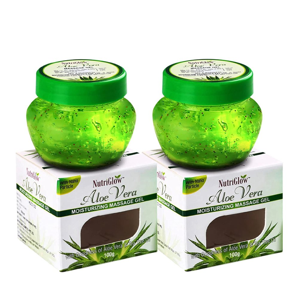 NUTRIGLOW Aloe Vera Gel Great for Face, Hair, Acne, Sunburn, Bug Bites, Rashes, Glowing and Radiant Skin, Hydrating Gel Relieves Itchy & Irritated Skin Non Sticky, 100gm Each, Pack of 2