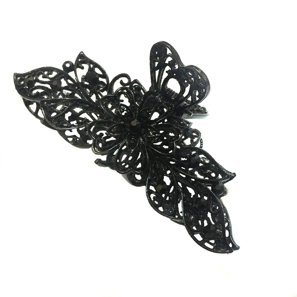Numblartd Vintage Chic Black Metal Alloy Rhinestone Fancy Hair Claw Jaw Clips Pins - Women Fashion Retro Hair Catch Hair Updo Grip for Thick Hair