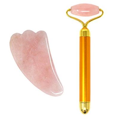 fengshuisale Beauty Bar 24K Rose/Golden Facial Massager, Natural Rose Quartz Stone Roller & Gua Sha Facial Massager Tool Body Face Massage Relaxation W3916 (Gold)
