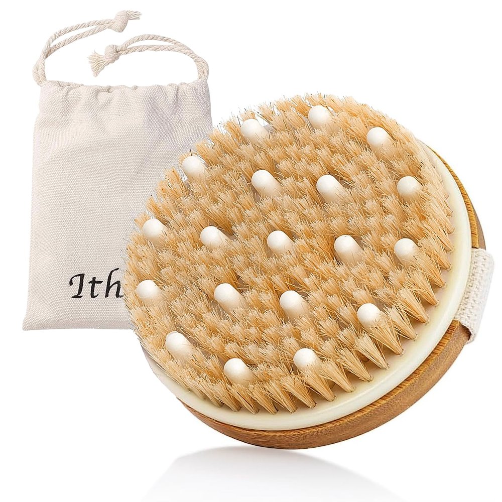Ithyes Body Brush Dry Brushing Bath Brush Gentle Skin Exfoliate Massage Scrub 100% Nature Boar Bristles Bamboo Wood Improve Blood Circulation Wet & Dry Smooth Fresh Treatment,with Canvas Bag