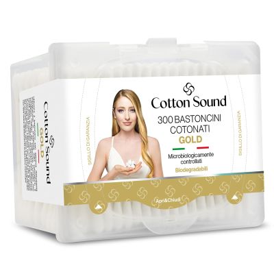 Cotton Sound Gold Cotton Sticks, 1 Pack x 300 Pieces, Open and Close Box, Biodegradable Cotton Sticks, 100% Pure Hydrophilic Cotton, Ideal for Sensitive Skins, Made in Italy