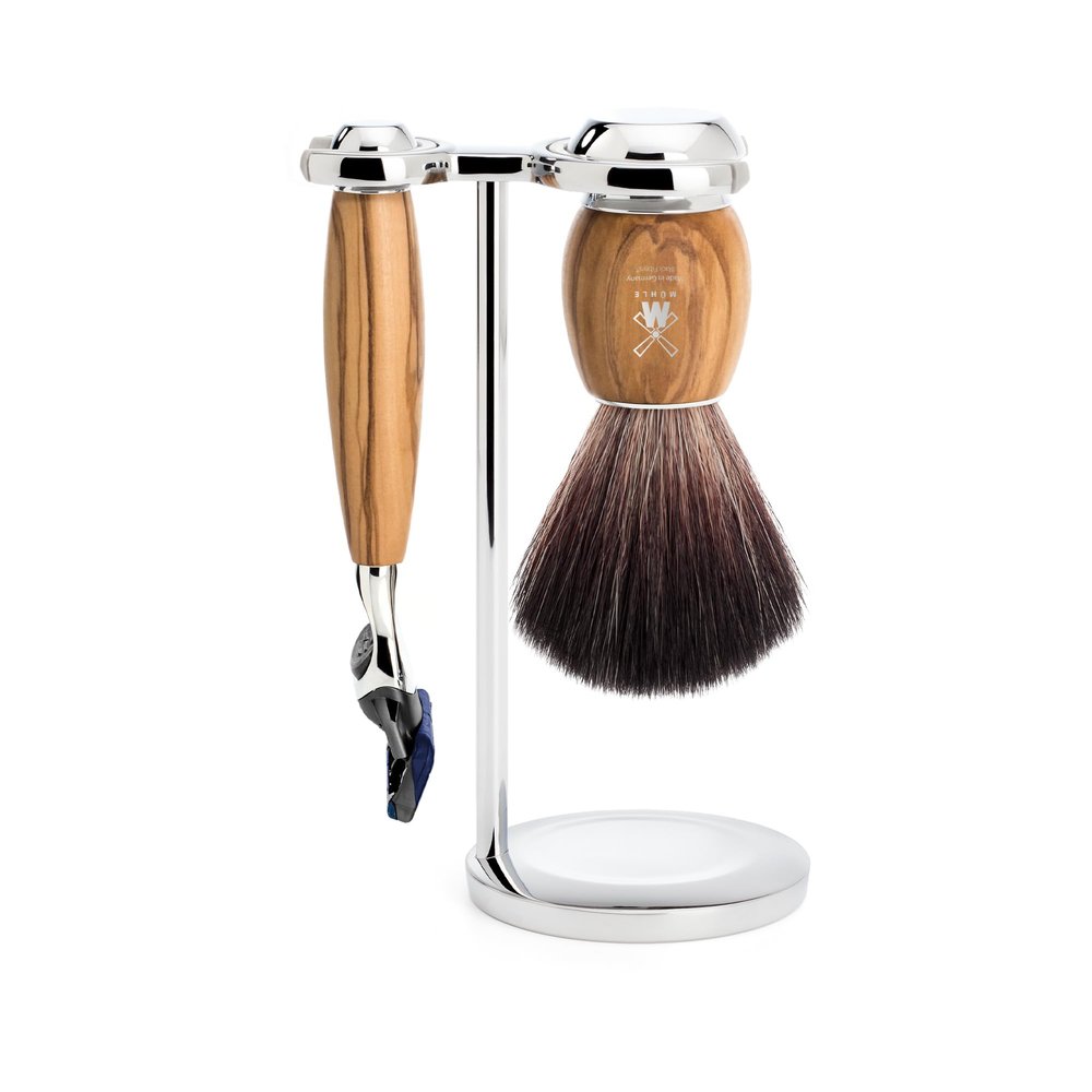 MHLE VIVO Olive Wood 3-Piece Black Fibre 5-Blade Razor Shaving Set