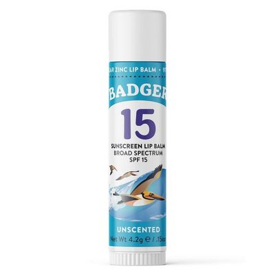 Badger Sunscreen Lip Balm SPF 15, Organic Mineral Sunscreen SPF Lip Balm with Zinc Oxide, Reef Friendly, Broad Spectrum, Water Resistant, Unscented, .15 oz