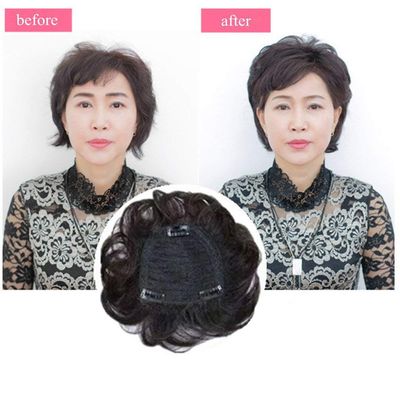 LXUE 5.5" Real Human Hair topper for Short Hair Clip in Wavy Hairpieces for Women with Thinning Hair, Dark Brown