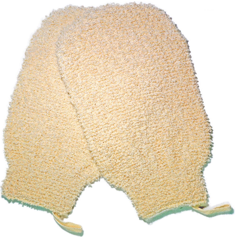 2 Pack Natural Vegetable Fiber Shower Exfoliating Loofah Mitt - Soft Terry Cloth Bath Gloves - Exfoliator Body Scrubber Mitts Mitten - Great for Your Skin Care in The Spa - Anti-Aging