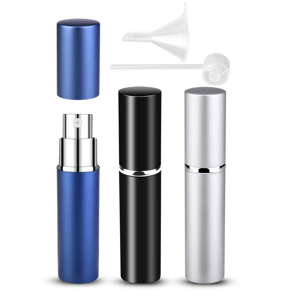 Portable Mini Refillable Perfume Bottle, 3 Pcs Travel Size Perfume Atomizer Empty Spray Bottle Case for Outdoor and Traveling with Funnel and Perfume Diffuser (A - 6ml (Black+Silver+Dark Blue))