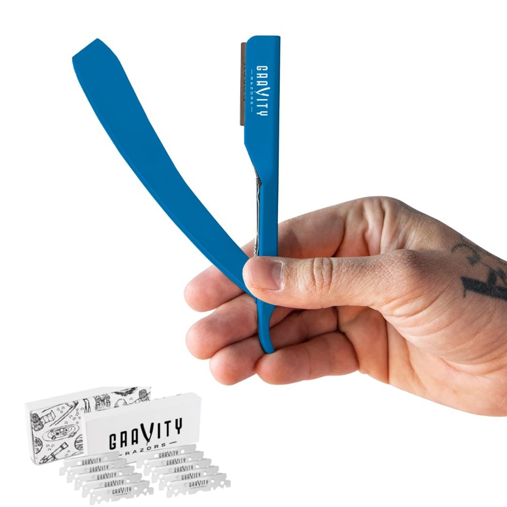 GRAVITY RAZORS Professional Straight Razor Kit  Ultra Exposure, Includes 10 Premium Blades, 2mm Exposed, Blue