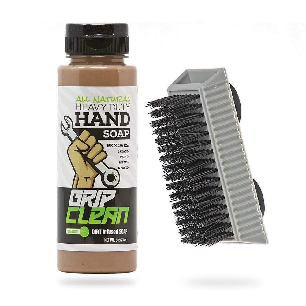 Grip Clean Heavy-Duty Hand Cleaner for Mechanics with Nail Brush - Moisturizing Coconut Oil Hand Cleaner Liquid Hand Soap with Stiff Bristle Nail Brush, Lime Scent  8 Fl Oz Squeeze Bottle + Brush