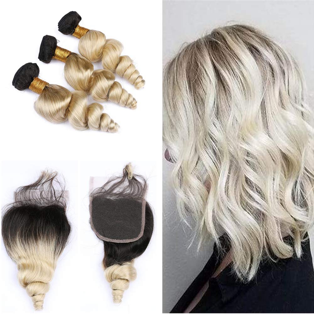 Cloud Hair Two Tone Color 1B 613 Hair Weaves With Lace Closure Loose Wave Curly Brazilian Virgin Hair Weft and Free Part Closure Pieces (12 12 12+10 inch closure 4x4)
