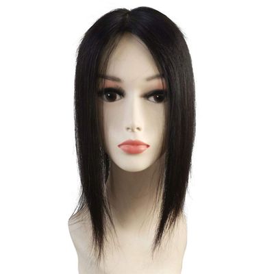 100% Real Human Hair Clip in Toppers High Density Black Toppers, 3" x 6" Silk Base Forehead Topper Hairpieces for Women with Thinning Hair, 18"