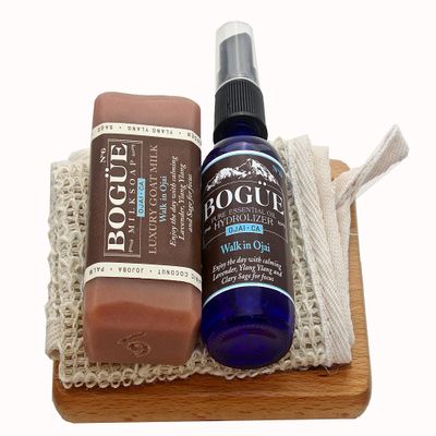 BOGUE Luxury Goat Milk Soap & Pure Essential Oil Hydrolyzer Giftset -N6 'Walk in Ojai' Lavender, Sage Ylang Ylang on Beech Wood Soap Dish with Sisal Cloth