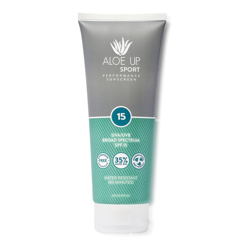 Aloe Up Sport Sunscreen Lotion SPF 15 - Broad Spectrum UVA/UVB Sunscreen Protector for Face and Body - With Hydrating Aloe Vera Gel - Non-Greasy - No White Cast - Reef Safe - Fragrance-Free - 6 Oz