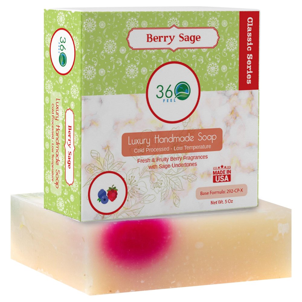 360Feel Berry Sage Soap - Made in USA - Castile Handmade, All-Natural, Cold Processed - Infused with Berry Sage for Refreshing Cleanse, Gentle Moisturizing Care, and Rich Creamy Lather - 5 oz