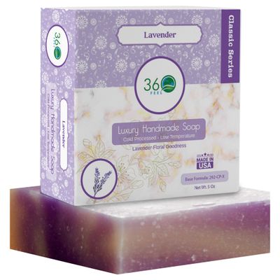 360Feel Lavender Soap - Made in the USA - Castile Handmade, All Natural, Cold Processed Infused with Refreshing Lavender Essential Oil for Relaxation & Calm - Rich, Creamy Lather - 5oz