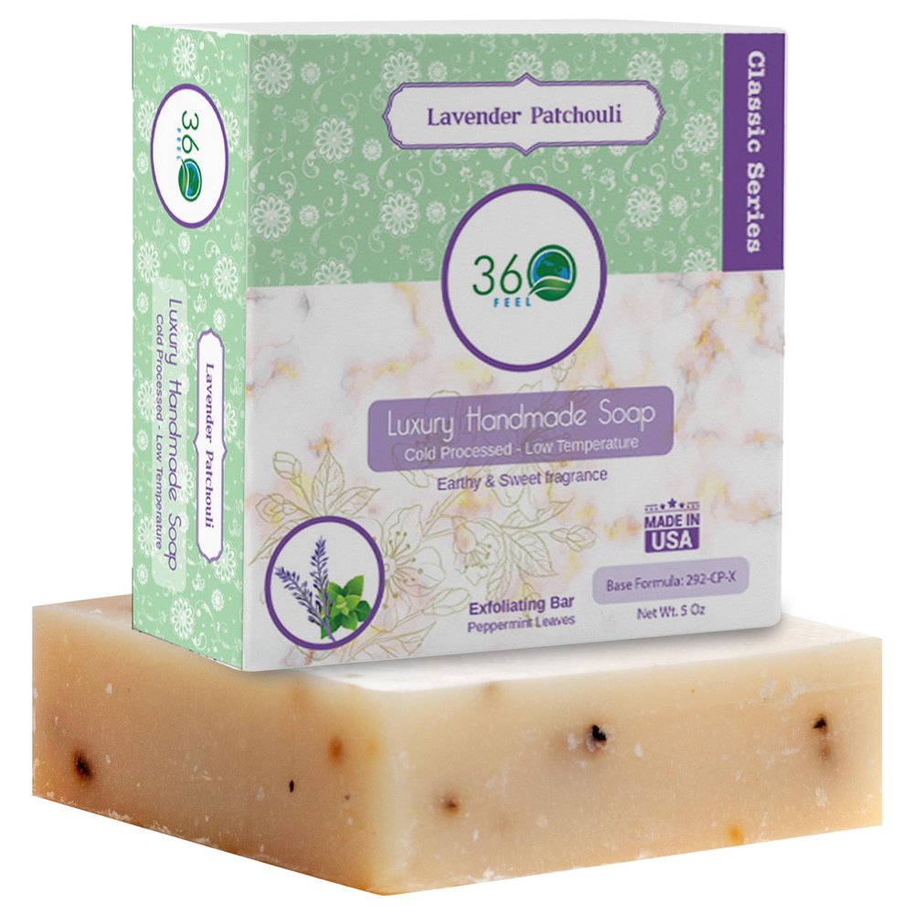 360Feel Lavender Patchouli Soap - Made in the USA - Castile Handmade, All-Natural, Cold-Processed - Infused with Lavender & Patchouli Scent for Relaxation & Calm - Creamy Lather (5 oz)