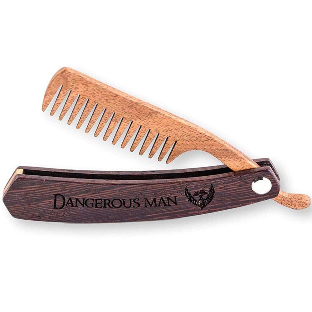 Beard Comb Gifts for Him Wooden Comb for Men Folding Pocket for Moustache Hair Walnut Combs Husband with the Engraving (Dangerous Man)