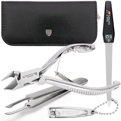 3 Swords Germany - Brand Quality Professional Toe Nail Nipper Set Stainless Steel INOX Wave Nipper, Head Cutter, Nail File Finger Clipper, Tweezers with case for ingrown Toe Nails by 3 Swords (202)